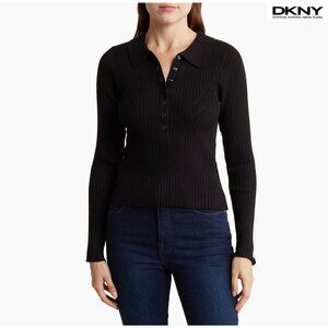 DKNY JEANS WOMEN NWT RIB COTTON BLEND KNIT BLACK POLO SWEATER. SIZE L